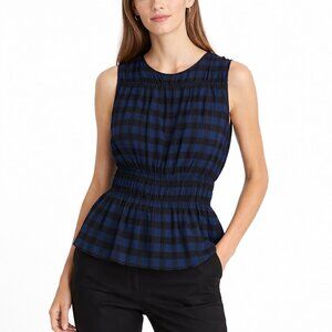 Club Monaco Black Blue Geo Print Smocked Waist Sleeveless Blouse Size XS Chic